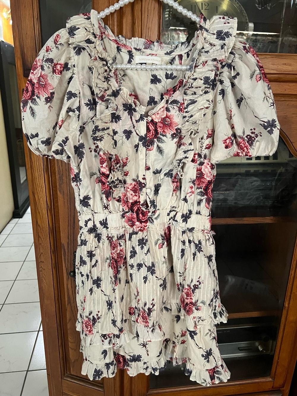 LoveShackFancy Cream Floral Ruffle Mini Dress with Red,Pink and Gray Blooms
